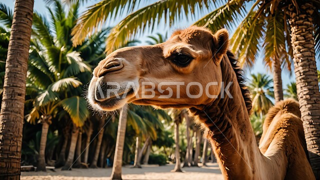 مزارع وواحات أشجار النخيل في الطبيعة الصحراوية, الاهتمام بالزراعة والتشجير, رعاية وتربية المواشي في المحميات الطبيعية في المملكة العربية السعودية, محاصيل ومنتجات زراعية محلية وطنية, صورة مقربة لجمل يسير وسط الكثبان والرمال الذهبية الناعمة