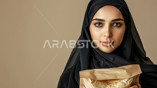 The concept of femininity, softness and external appearance, close-up portrait of a smiling veiled Saudi Arabian Gulf woman wearing a black abaya holding a paper bag in her hand, looking at the camera with gestures of self-confidence, brown background