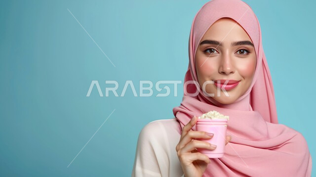 النظر الى الكاميرا بإيماءات السرور، مفهوم الاهتمام بالمظهر الخارجي، منتجات محلية وطنية، بورتريه لامراة عربيه خليجية سعودية مبتسمة محجبة ترتدي الحجاب الزهري تحمل بيدها كوب، خلفية زرقاء 