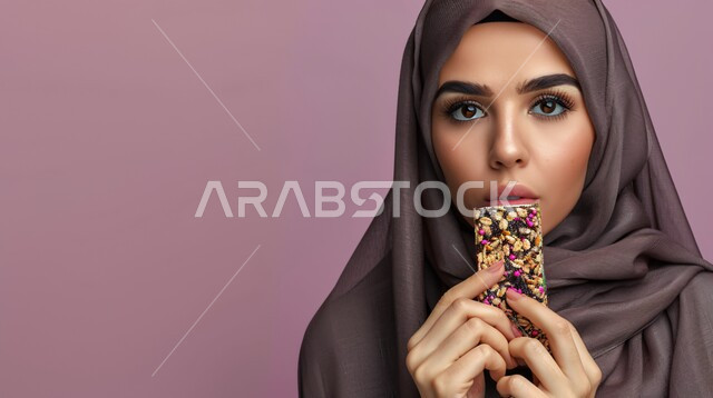  وجبة افطار مغذية ومفيدة، إتباع النظام الغذائي الصحي، بورتريه مقرب لشابة عربية خليجية سعودية محجبة ترتدي العباءة البني تحمل بيدها قطعة من البسكويت، النظر إلى الكاميرا بايماءات السرور والسعادة، خلفية بنفسجي