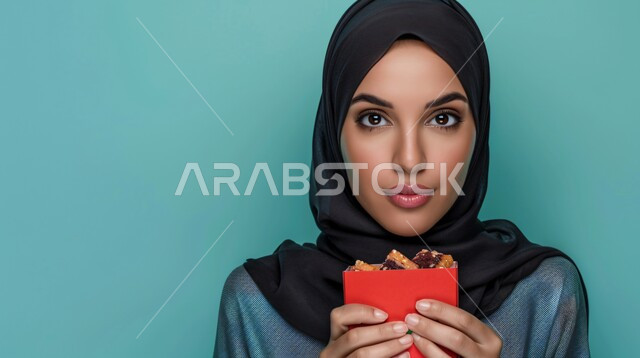 Caring about appearance, close-up portrait of a veiled Saudi Arabian Gulf woman wearing a black veil holding a red box with food inside, looking at the camera with an expression of self-confidence, delicious oriental foods and meals, the art of preparing and cooking fast food, blue background