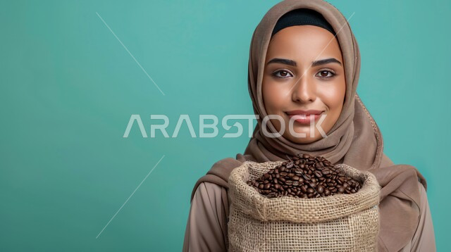 جودة الصناعات والمحاصيل الغذائية الوطنية في المملكة العربية السعودية، بورتريه مقرب لإمرأة عربية خليجية سعودية ترتدي الحجاب البني تحمل بيدها كيسا ورقيا من حبوب البن، النظر الى الكاميرا بتعابير الفرح والسرور، خلفية زرقاء 