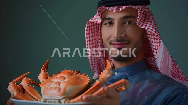 تقديم وجبات الأطعمة الشرقية البحرية اللذيذة, أطباق المطاعم الشهية, بورتريه مقرب لرجل عربي سعودي خليجي مبتسم يرتدي الزي التقليدي والشماغ الأحمر يحمل بيده طبق من السلطعون اللذيذ, النظر الى الكاميرا بتعابير الفرح والسرور, الأطباق والمأكولات الشعبية التقليدية، وصفات ذات نكهات متميزة، خلفية زرقاء