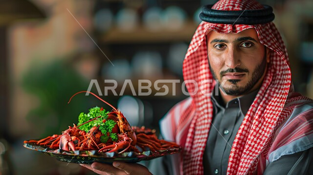 مفهوم الرجولة والأناقة والاهتمام بالمظهر الخارجي، تقديم وجبات الأطعمة الشرقية البحرية, صورة مقربة لرجل عربي سعودي خليجي يرتدي الزي التقليدي والشماغ الأحمر يحمل بيده طبق من جراد البحر اللذيذ, النظر الى الكاميرا بجدية, الأطباق والمأكولات الشعبية التقليدية، وصفات ذات نكهات متميزة