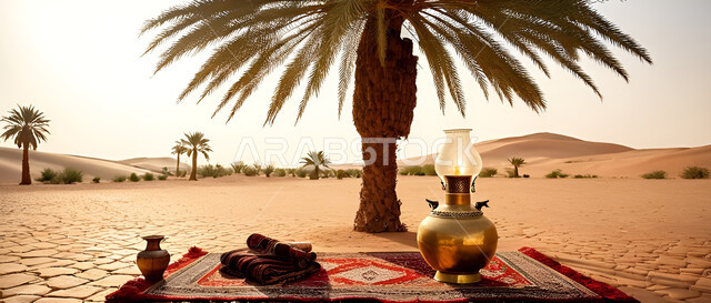 الطبيعة والرمال الذهبية الناعمة، أجواء التخييم الشبابية الممتعة، منتجات وطنية محلية، صورة مقربة لإبريق الشاي العربي التقليدي على السجادة تحت شجرة النخيل في صحاري المملكة العربية السعودية، تقديم المشروبات الساخنة للضيوف، المغامرات والكشتات البرية