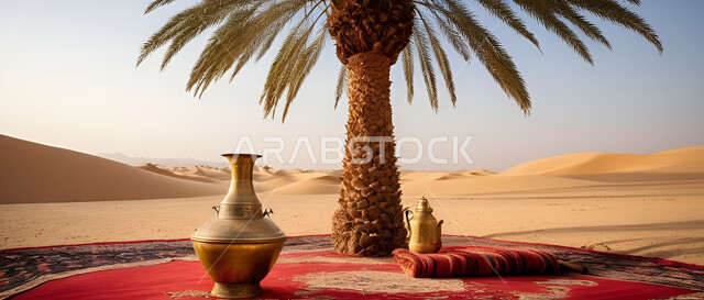 تقديم المشروبات الساخنة للضيوف، المغامرات والكشتات البرية، الطبيعة والرمال الذهبية الناعمة، أجواء التخييم الشبابية الممتعة، منتجات وطنية محلية، صورة مقربة لإبريق الشاي العربي التقليدي على السجادة تحت شجرة النخيل في صحاري المملكة العربية السعودية