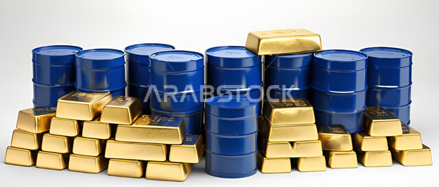 الثروات الباطنية الثمينة في المملكة العربية السعودية, صورة مقربة لبراميل النفط الزرقاء مع السبائك الذهبية, رموز النهضة بالاقتصاد الوطني في البلاد، البترول والذهب أساس التقدم والتطور، خلفية بيضاء