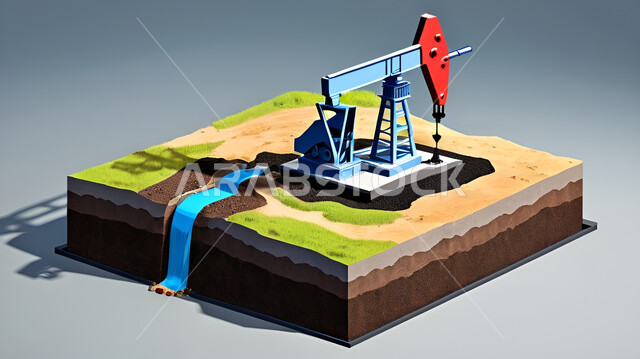 اعتماد التقنيات والتكنولوجيا الحديثة في إنتاجية الغاز في المملكة العربية السعودية, مشاريع صناعية بتروكيماوية، رسوم ثلاثية الأبعاد لاستخراج الثروات الباطنية بواسطة مضخة الرافعات، النمو والتقدم الاقتصادي، جودة معامل ومعدات إنتاج النفط, خلفية رمادية