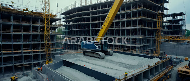 مفهوم الهندسة الانشائية والمعمارية, أعمال البناء وصب الخرسانات ووضع الأساسات, تنفيذ مخطط الإعمار وتشكيل الهيكل المعدني, برج تحت التشييد باستخدام الآليات الحديثة، مبنى قيد الانشاء في المملكة العربية السعودية, المعدات الثقيلة والرافعات والسقالات العالية