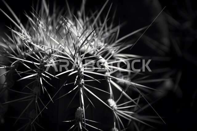 النباتات البرية في البراري والمناطق الصحراوية، مزروعات وطنية محلية في المملكة العربية السعودية، نمو الشوكيات في المحميات الطبيعية, صورة مقربة بالأبيض والأسود لنبات الصبار الشوكي