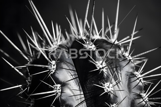 النباتات البرية في البراري والمناطق الصحراوية، مزروعات وطنية محلية في المملكة العربية السعودية، نمو الشوكيات في المحميات الطبيعية, صورة مقربة بالأبيض والأسود لنبات الصبار الشوكي