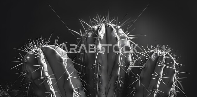 نمو الشوكيات في المحميات الطبيعية, صورة مقربة بالأبيض والأسود لنبات الصبار الشوكي، النباتات البرية في البراري والمناطق الصحراوية، مزروعات وطنية محلية في المملكة العربية السعودية