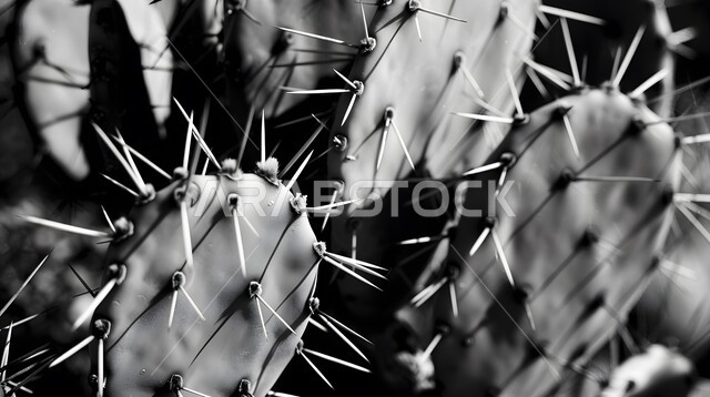 مزروعات وطنية محلية في المملكة العربية السعودية، نمو الشوكيات في المحميات الطبيعية, صورة مقربة بالأبيض والأسود لأوراق نبات شجر التين الشوكي، النباتات البرية في البراري والمناطق الصحراوية