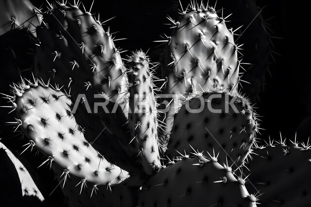 مزروعات وطنية محلية في المملكة العربية السعودية، نمو الشوكيات في المحميات الطبيعية, صورة مقربة بالأبيض والأسود لأوراق نبات شجر التين الشوكي، النباتات البرية في البراري والمناطق الصحراوية