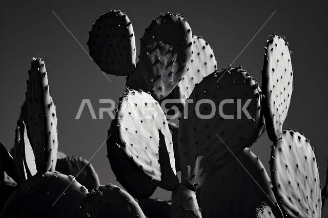 مزروعات وطنية محلية في المملكة العربية السعودية، نمو الشوكيات في المحميات الطبيعية, صورة مقربة بالأبيض والأسود لأوراق نبات شجر التين الشوكي، النباتات البرية في البراري والمناطق الصحراوية