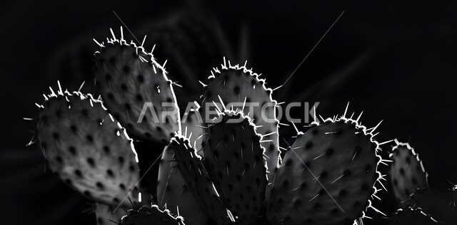 نمو الشوكيات في المحميات الطبيعية, صورة مقربة بالأبيض والأسود لأوراق نبات شجر التين الشوكي، النباتات البرية في البراري والمناطق الصحراوية، مزروعات وطنية محلية في المملكة العربية السعودية