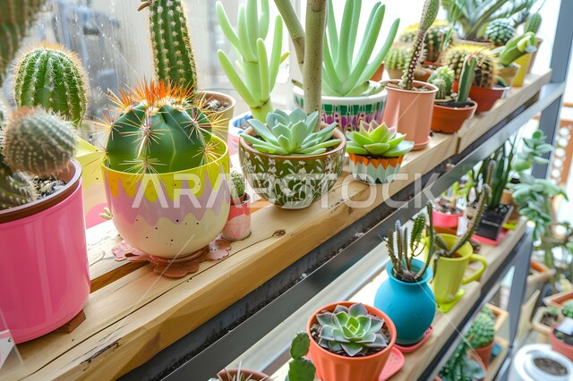 مجموعة من نبتة الصبار في أوعية ملونة مرتبة على الرف، مزروعات وطنية محلية في المملكة العربية السعودية، الاهتمام في زراعة فصيلة النباتات الشوكية الخضراء، ديكورات نباتية للزينة المنزلية