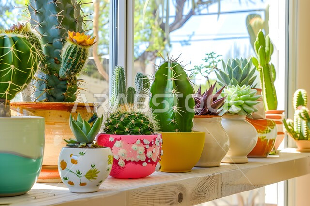 مجموعة من نبتة الصبار في أوعية ملونة مرتبة على الرف، مزروعات وطنية محلية في المملكة العربية السعودية، الاهتمام في زراعة فصيلة النباتات الشوكية الخضراء، ديكورات نباتية للزينة المنزلية