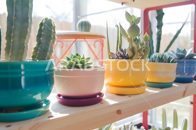 ديكورات نباتية للزينة المنزلية، مجموعة من نبتة الصبار في أوعية ملونة مرتبة على الرف، مزروعات وطنية محلية في المملكة العربية السعودية، الاهتمام في زراعة فصيلة النباتات الشوكية الخضراء