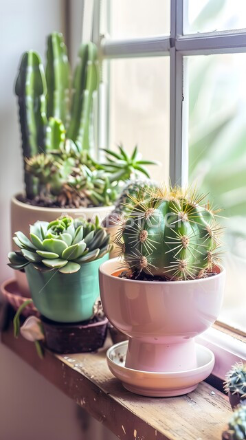 Plant decorations for home decoration, a group of cactus plants in colorful pots arranged on a shelf, local national plants in the Kingdom of Saudi Arabia, interest in planting the green thorny plants family