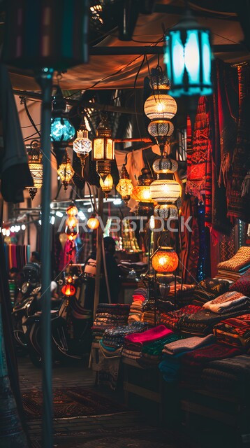 المنسوجات مع نقوش مميزة, التطريز الفاخر على الاقمشه الملونه في الأسواق الشعبية في المملكة العربية السعوديه، الفن التراثي الحرفي التقليدي، منتجات محليه وطنيه، مفهوم التجارة وتبادل الثقافات بين الدول، فوانيس عربية مزخرفة وملونة معلقة في السوق