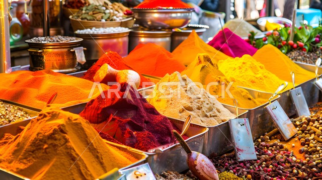 منظر لعرض التوابل الملونة والمتنوعة والحبوب, الاسواق التقليدية الشعبية لبيع البهارات والعطريات, محاصيل زراعية ومنتجات وطنية محلية سعودية، منكهات وملونات طبيعية للمأكولات والأطعمة، نباتات ذات فوائد صحية وعلاجية 