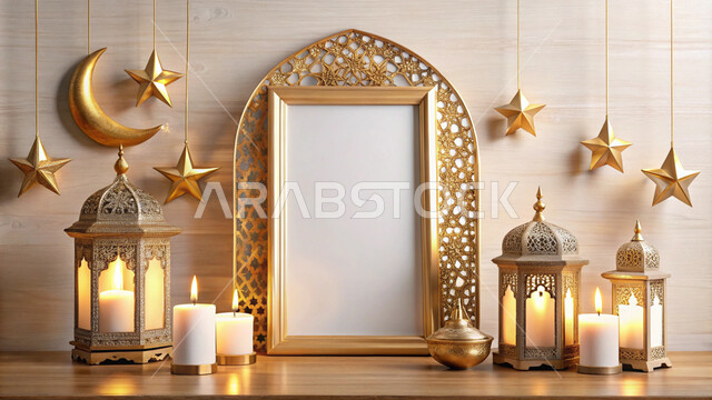 تحف واكسسوارت متميزة، البهجة بقدوم شهر الخير، ديكورات وزينة رمضان المبارك, الأجواء الروحانية والاحتفال بالمناسبات والأعياد الدينية الاسلامية في المملكة العربية السعودية، فوانيس معدنية تقليدية مذهبة مع شمعة مضيئة، النجوم الذهبية مع هلال الشهر الكريم