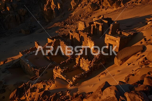 هيكل القبائل العربية المهجورة في المناطق الصحراوية، حي سكني أثري تاريخي، التكوينات والتشكيلات من الصخور وسط البيئة الرملية، المناظر الطبيعية في المملكة العربيه السعودية، الأصالة والعراقة والتراث، بقايا بيوت حجرية قديمة