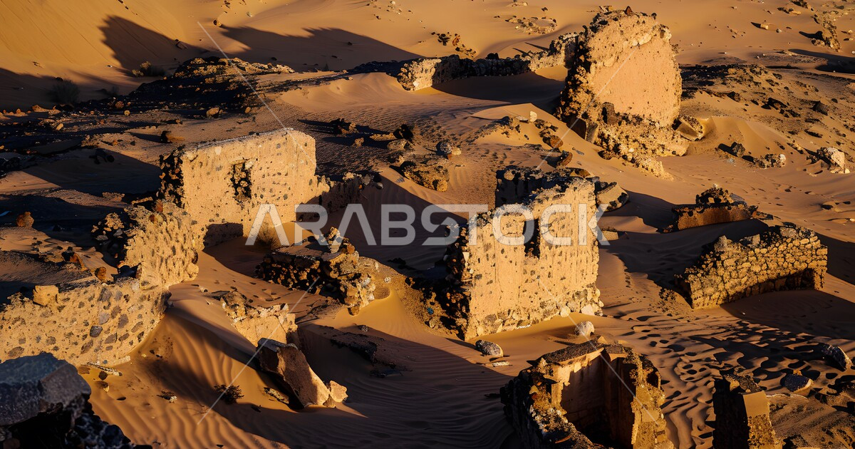 Remains of ancient stone houses, the structure of deserted Arab tribes ...