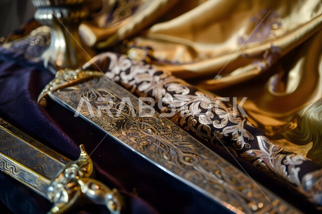 قطع الأنتيكا الشعبية الخليجية, التحف الأثرية الأصيلة في المملكة العربية السعودية, التراث والأصالة والعراقة, صناعات يدويه وحرف مميزة للأسلحة القديمة, صورة مقربة لسيف مزخرف مصنوع على الطراز الشعبي التقليدي