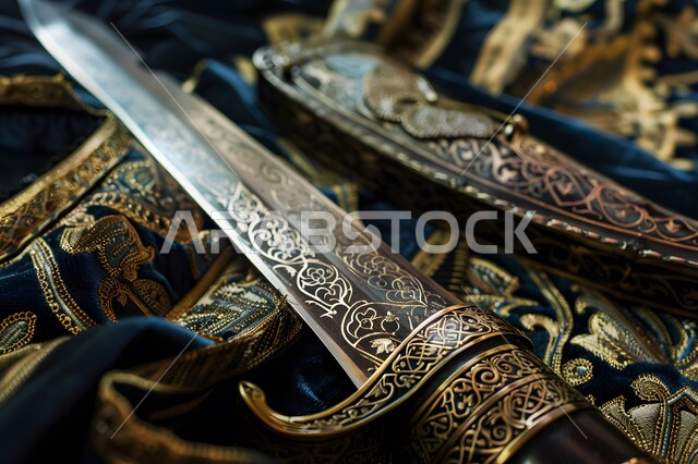 التراث والأصالة والعراقة, صناعات يدويه وحرف مميزة للأسلحة القديمة, صورة مقربة لسيف مزخرف مصنوع على الطراز الشعبي التقليدي، قطع الأنتيكا الشعبية الخليجية، التحف الأثرية الأصيلة في المملكة العربية السعودية