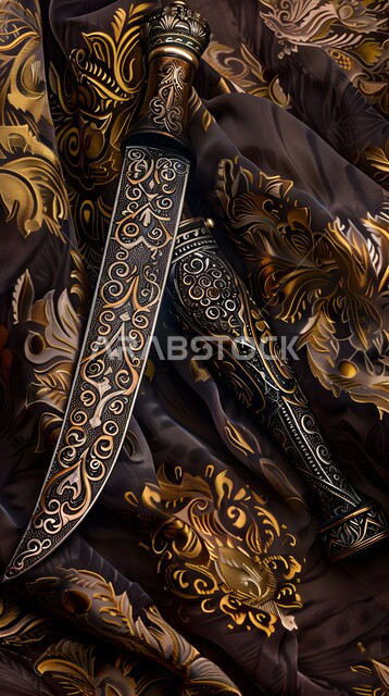 قطع الأنتيكا الشعبية الخليجية, التحف الأثرية الأصيلة في المملكة العربية السعودية, التراث والأصالة والعراقة, صناعات يدويه وحرف مميزة للأسلحة القديمة, صورة مقربة لسيف مزخرف مصنوع على الطراز الشعبي التقليدي