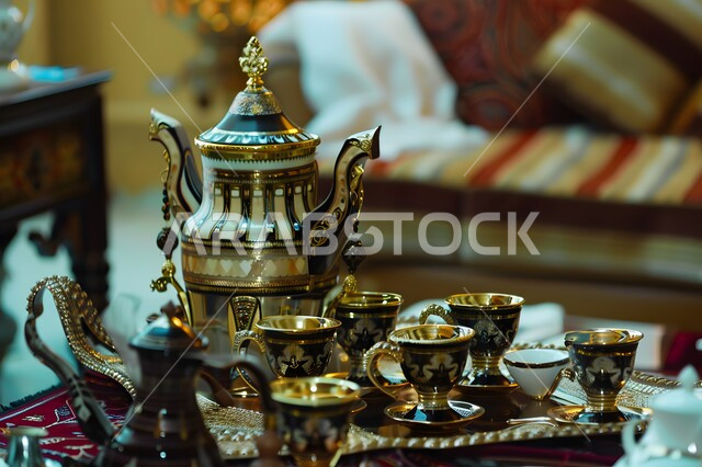 دلة قهوة عربية مع عدة فناجين، البن العربي الخليجي الفاخر, ضيافات الأعياد والمناسبات الإسلامية، اتباع العادات والتقاليد السعودية، منتجات محلية وطنية، مفهوم الضيافة العربية الأصيلة، تقديم المشروبات الساخنة للزوار، حسن استقبال الضيف وإكرامه