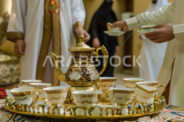 حسن استقبال الضيف وإكرامه, دلة قهوة عربية مع عدة فناجين، البن العربي الخليجي الفاخر, ضيافات الأعياد والمناسبات الإسلامية، اتباع العادات والتقاليد السعودية، منتجات محلية وطنية، مفهوم الضيافة العربية الأصيلة، تقديم المشروبات الساخنة للزوار
