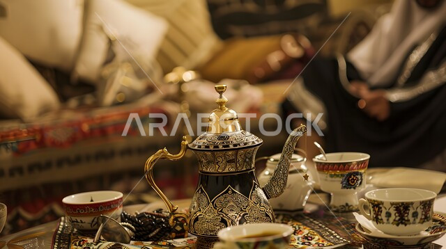 تقديم المشروبات الساخنة للزوار, حسن استقبال الضيف وإكرامه, دلة قهوة عربية مع عدة فناجين، البن العربي الخليجي الفاخر, ضيافات الأعياد والمناسبات الإسلامية، اتباع العادات والتقاليد السعودية، منتجات محلية وطنية، مفهوم الضيافة العربية الأصيلة