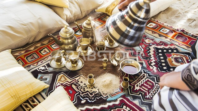 مفهوم الضيافة العربية الأصيلة, تقديم المشروبات الساخنة للزوار, حسن استقبال الضيف وإكرامه, دلة قهوة عربية مع عدة فناجين، البن العربي الخليجي الفاخر, ضيافات الأعياد والمناسبات الإسلامية، اتباع العادات والتقاليد السعودية، منتجات محلية وطنية