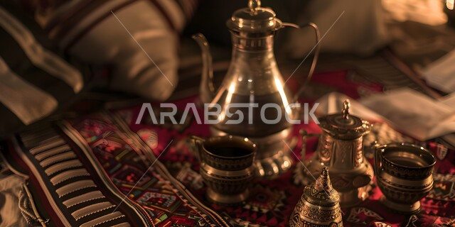 اتباع العادات والتقاليد السعودية، منتجات محلية وطنية، مفهوم الضيافة العربية الأصيلة، تقديم المشروبات الساخنة للزوار، حسن استقبال الضيف وإكرامه، دلة قهوة عربية مع عدة فناجين، البن العربي الخليجي الفاخر، ضيافات الأعياد والمناسبات الإسلامية