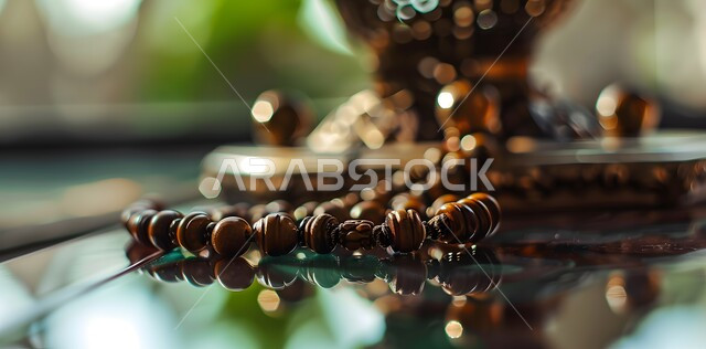 مفهوم التسبيح والتهليل، الإجتهاد في العباده والتقرب الى الله في شهر رمضان المبارك, صورة مقربة لسبحة يد من حبات الخرز الخشبية المزخرفة, الإكثار من ذكر الله تعالى من خلال الإستغفار والدعاء، الالتزام بالأذكار اليومية