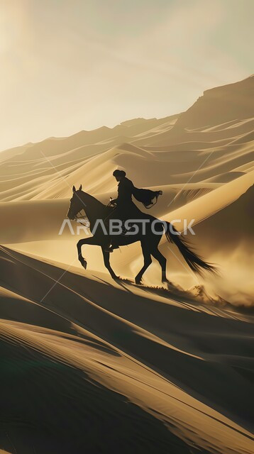 ممارسة هواية ركوب الخيل، علاقة أبناء الوطن بالخيل السعودي الأصيل، صورة ظلية لرجل عربي خليجي سعودي يمتطي فرس وقت غروب الشمس، التجول في الطبيعة الصحراوية على ظهر الحصان، اتباع تقاليد الأجداد بحب تربية ورعاية الجياد، سيلويت.