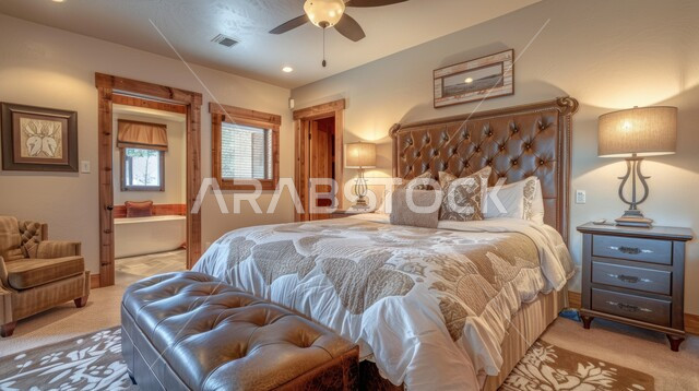 تصاميم وديكورات داخلية متميزة للفلل والشقق السكنية في المملكة العربية السعودية، استخدام الطراز الفني الأنيق في الأثاث المنزلي، غرفة نوم مع سرير مريح باللون الأبيض، اكسسوارات منزلية داخلية راقية