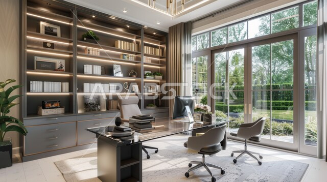 الديكورات الداخلية لمكاتب العمل المنزلية في المملكة العربية السعودية, غرفة مكتبية بتصاميم عصرية، تجهيزات مكتبية حديثة، مكتبه مليئة بالمجلدات والكتب و الروايات، شقق وفلل سكنية فاخرة، واجهات زجاجية كبيرة