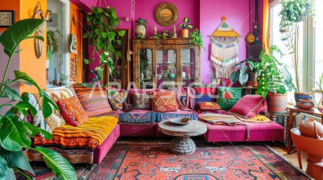 الديكورات الداخلية الراقية للفلل والشقق السكنية على الطراز الحديث في المملكة العربية السعودية، التصاميم الداخلية المميزة لغرف الجلوس، غرفة معيشة مع أثاث منزلي فاخر بألوان متنوعة ومختلفة، اكسسوارات وتحف عصرية، الاهتمام بنباتات الزينة الخضراء