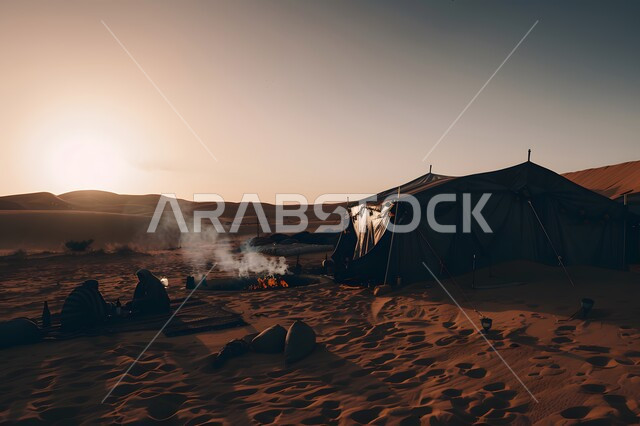  كشتة و جلسة بر شبابية، التخييم في صحاري المملكة العربية السعودية, الأجواء الشتوية الممتعة, خيمة بدوية شعبية وسط الصحراء، التضاريس والرمال الذهبية الناعمة وقت الغروب، مخيمات سياحية في المناطق البرية