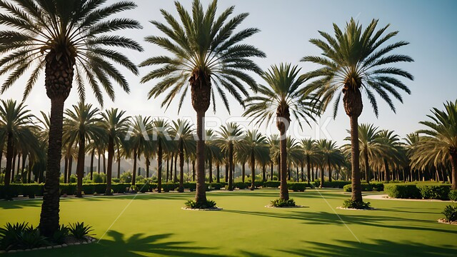 أماكن سياحية للتنزه واستنشاق الهواء الطلق، الاهتمام بزراعة اشجار النخيل والنباتات الخضراء، شجر النخيل في المزرعة، ممشى في احدى حدائق المملكة العربية السعودية في النهار، محاصيل زراعية محلية وطنية