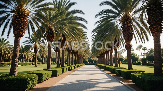 ممشى في احدى حدائق المملكة العربية السعودية في النهار، محاصيل زراعية محلية وطنية، أماكن سياحية للتنزه واستنشاق الهواء الطلق، الاهتمام بزراعة اشجار النخيل والنباتات الخضراء، شجر النخيل في المزرعة