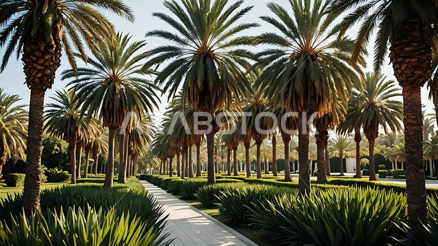 A walkway in one of the parks of the Kingdom of Saudi Arabia during the day, local national agricultural crops, tourist places for walking and breathing the fresh air, interest in planting palm trees and green plants, palm trees on the farm