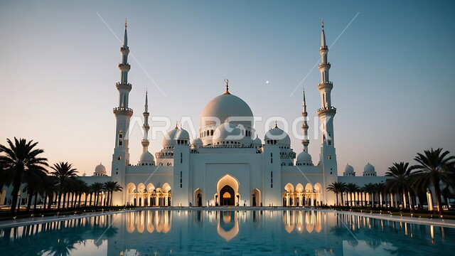 المآذن والقبب المبنية على الطراز العريق، انعكاس المسجد المحاط بأشجار النخيل على المياه الصافية، العبادة والطاعة والتقرب الى الله، الفن الهندسي المعماري لبناء المساجد في المملكة العربية السعودية، الديكورات والتصاميم الإسلامية، خلفية الطبيعة