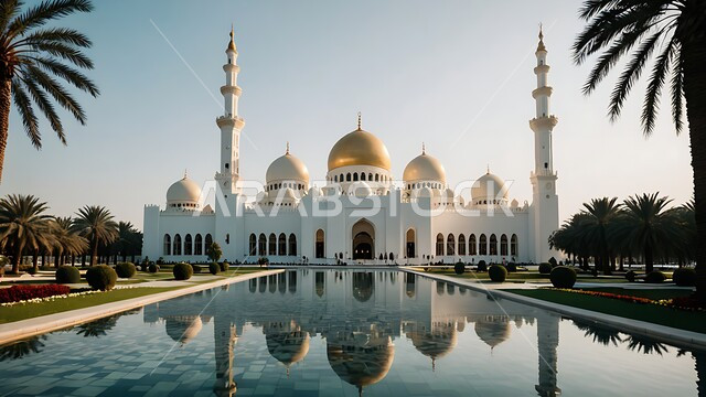 Worship, obedience and getting closer to God, the architectural art of building mosques in the Kingdom of Saudi Arabia, Islamic decorations and designs, minarets and domes built in the ancient style, the reflection of the mosque surrounded by palm trees on the clear water, nature background