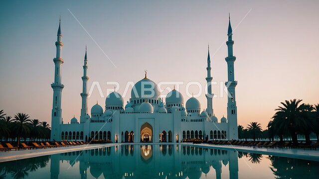 العبادة والطاعة والتقرب الى الله، الفن الهندسي المعماري لبناء المساجد في المملكة العربية السعودية، الديكورات والتصاميم الإسلامية، المآذن والقبب المبنية على الطراز العريق، انعكاس المسجد المحاط بأشجار النخيل على المياه الصافية، خلفية الطبيعة