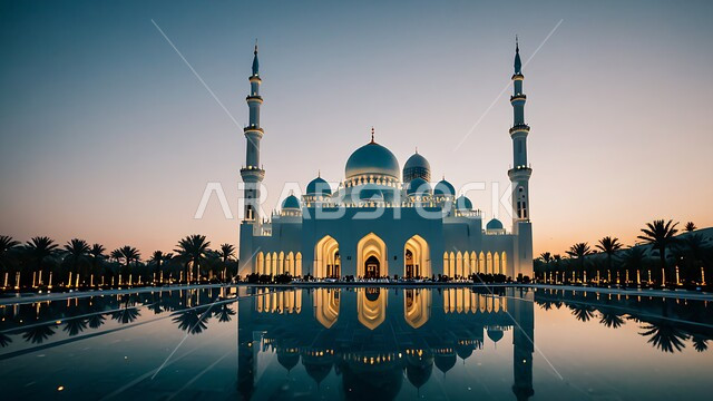 العبادة والطاعة والتقرب الى الله، الفن الهندسي المعماري لبناء المساجد في المملكة العربية السعودية، الديكورات والتصاميم الإسلامية، المآذن والقبب المبنية على الطراز العريق، انعكاس المسجد المحاط بأشجار النخيل على المياه الصافية، خلفية الطبيعة